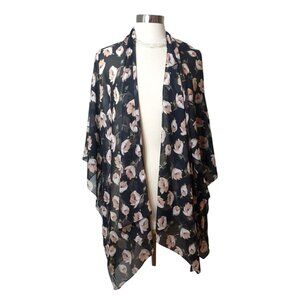Black Floral Open Front Kimono OS Boho Sheer Shawl Wrap Cardigan Festive Cottage